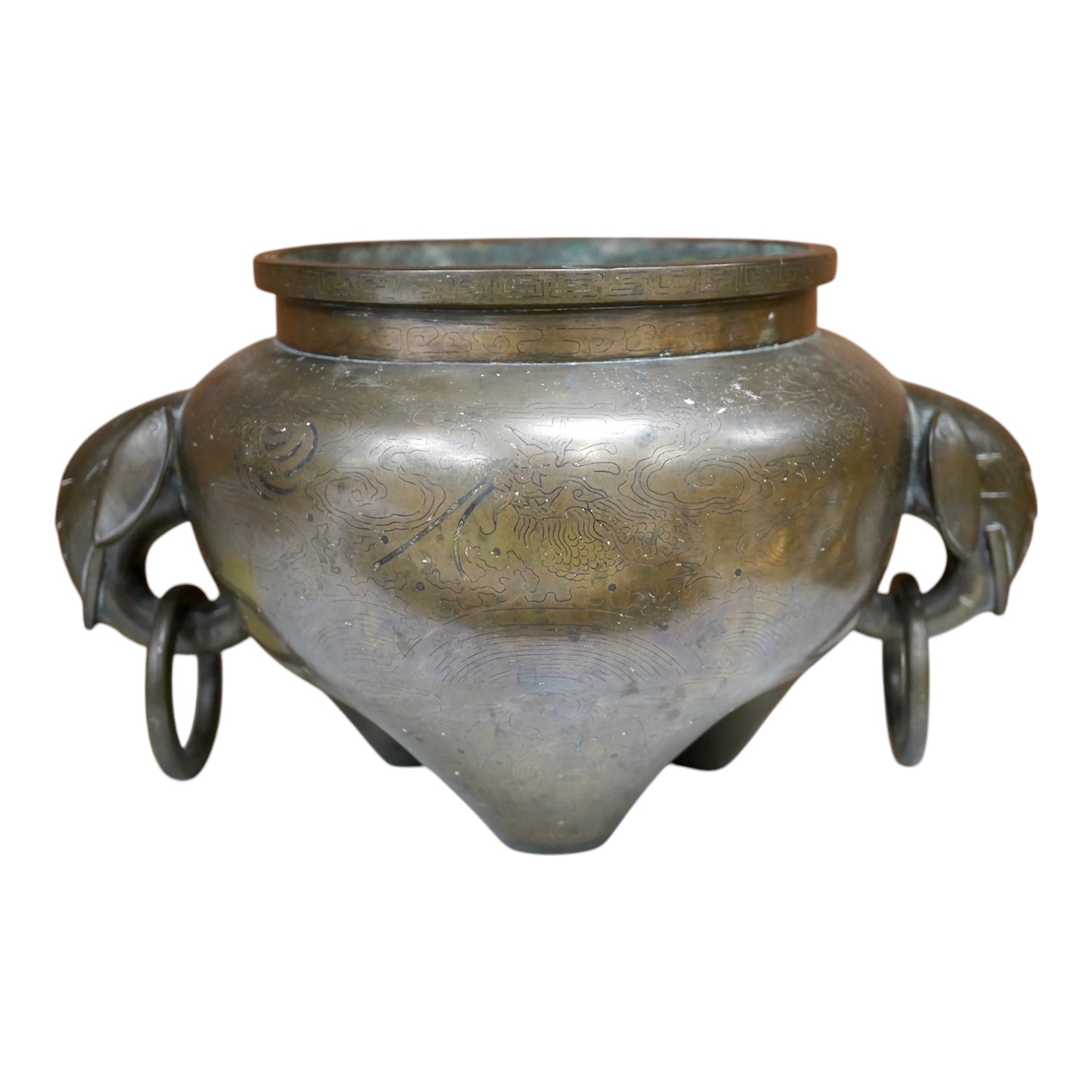 A large Chinese silver inlaid bronze elephant handled censer, signed Sishou, 19th century, 16cms high, 29cm wide. Condition - fair